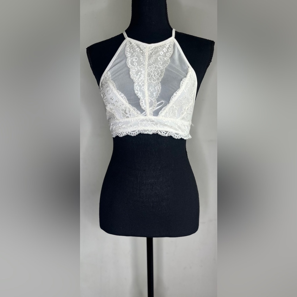 Ivory Lace Romantic Mesh Boho Halter Top Women’s Size Small